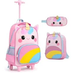 Einhorn Kinder Schulrucksack mit Rollen 3-teiliges Rollrucksack Set Einhorn Mehrfarbig S