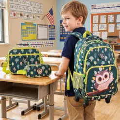 Einhorn Kinder Schulrucksack mit Rollen 3-teiliges Rollrucksack Seteinhorn Grün L