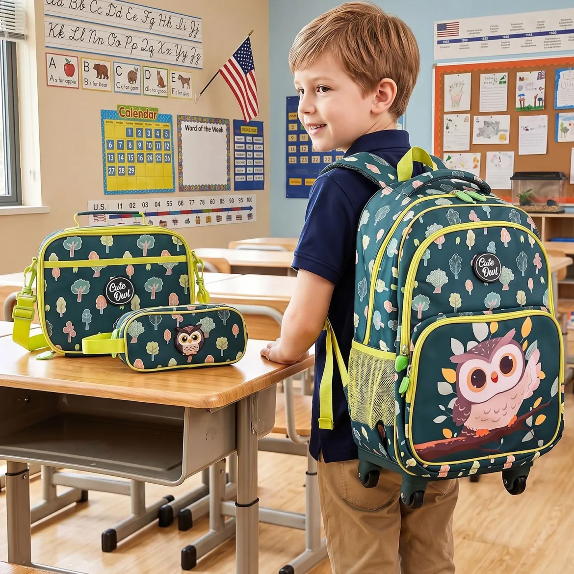 Einhorn Kinder Schulrucksack mit Rollen 3-teiliges Rollrucksack Seteinhorn Grün L