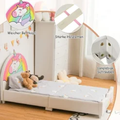 Einhorn-Muster Kinderbett mit weichem Kopfteil & Fußteil Babybett 151 x 76 x 70 cm Bunt