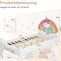 Einhorn-Muster Kinderbett mit weichem Kopfteil & Fußteil Babybett 151 x 76 x 70 cm Bunt