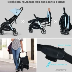 Ein-Knopf-Klappbar Kinderwagen mit Verstellbare Rückenlehne & Fußstütze Blau