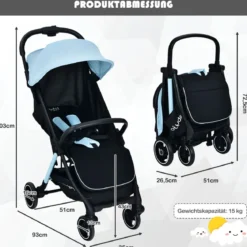 Ein-Knopf-Klappbar Kinderwagen mit Verstellbare Rückenlehne & Fußstütze Blau