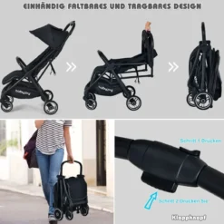 Ein-Knopf-Klappbar Kinderwagen mit Verstellbare Rückenlehne & Fußstütze Schwarz
