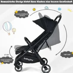 Ein-Knopf-Klappbar Kinderwagen mit Verstellbare Rückenlehne & Fußstütze Schwarz