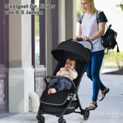 Ein-Knopf-Klappbar Kinderwagen mit Verstellbare Rückenlehne & Fußstütze Schwarz