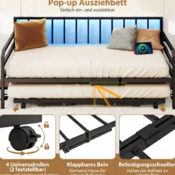 Einzelgröße Tagesbett mit LED-Lichtern & Ladestation Sofa-Bettgestell mit Ausziehbarem Trundle Schwarz