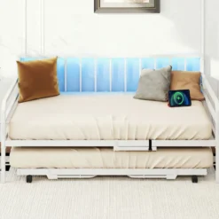 Einzelgröße Tagesbett mit LED-Lichtern & Ladestation Sofa-Bettgestell mit Ausziehbarem Trundle Weiß