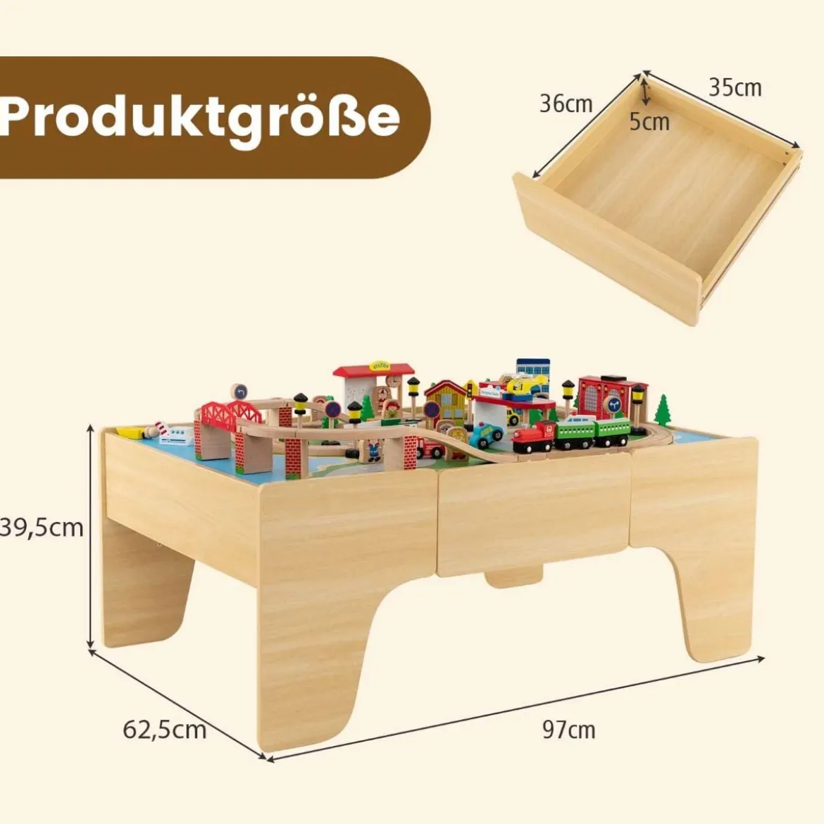 Eisenbahntisch aus Holz 84-teiliges Spielset mit Umkehrbarer & Abnehmbarer Tischplatte 97 x 62,5 x 39,5 cm Natur