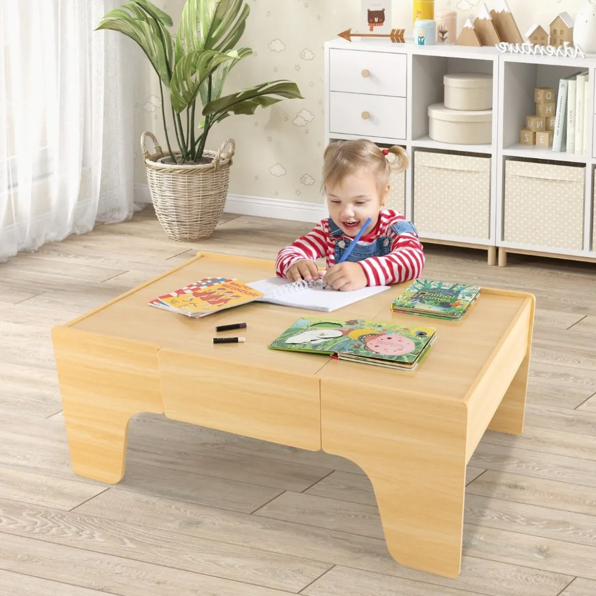 Eisenbahntisch aus Holz 84-teiliges Spielset mit Umkehrbarer & Abnehmbarer Tischplatte 97 x 62,5 x 39,5 cm Natur