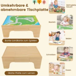 Eisenbahntisch aus Holz 84-teiliges Spielset mit Umkehrbarer & Abnehmbarer Tischplatte 97 x 62,5 x 39,5 cm Natur