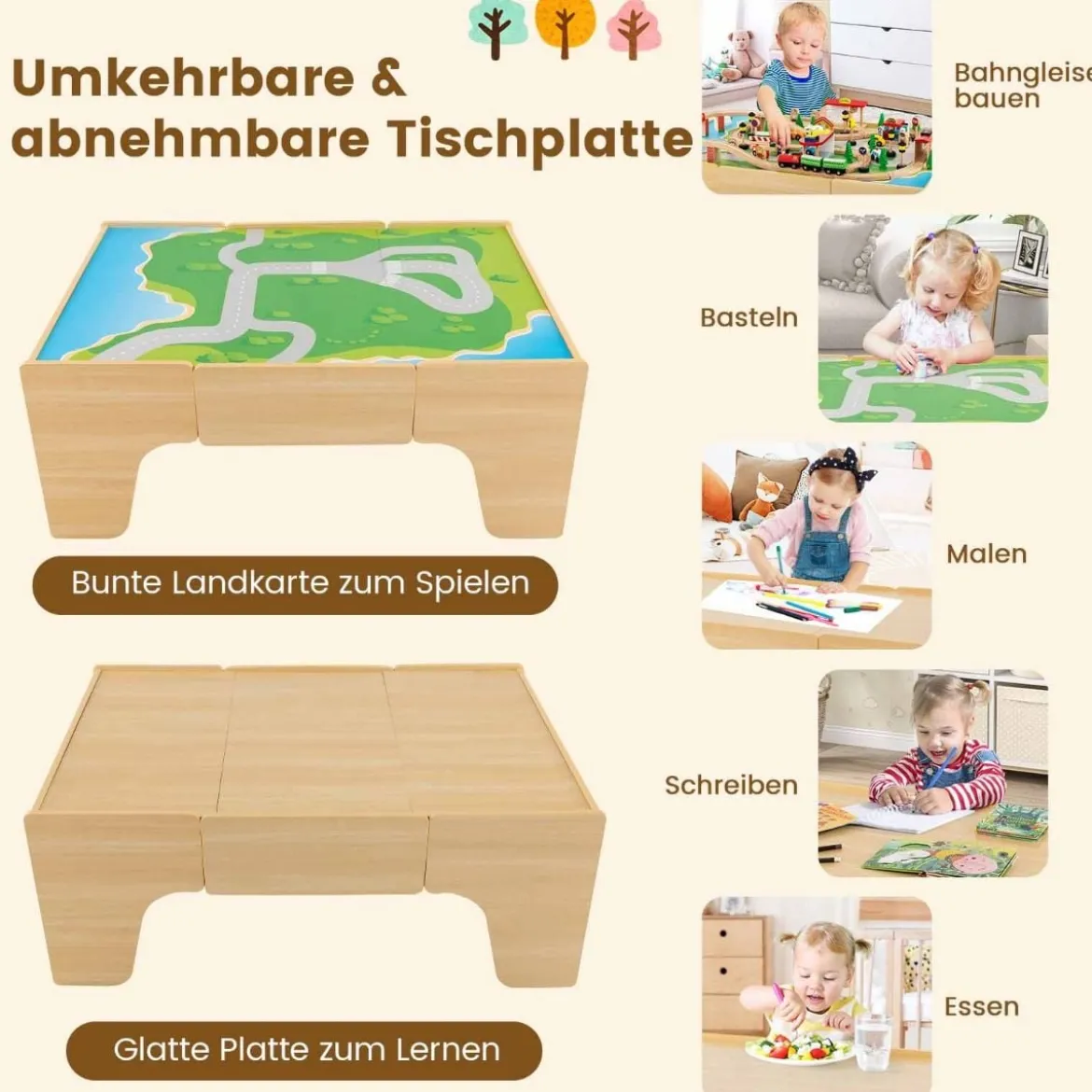 Eisenbahntisch aus Holz 84-teiliges Spielset mit Umkehrbarer & Abnehmbarer Tischplatte 97 x 62,5 x 39,5 cm Natur