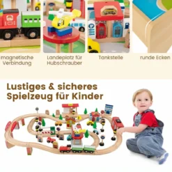 Eisenbahntisch aus Holz 84-teiliges Spielset mit Umkehrbarer & Abnehmbarer Tischplatte 97 x 62,5 x 39,5 cm Natur