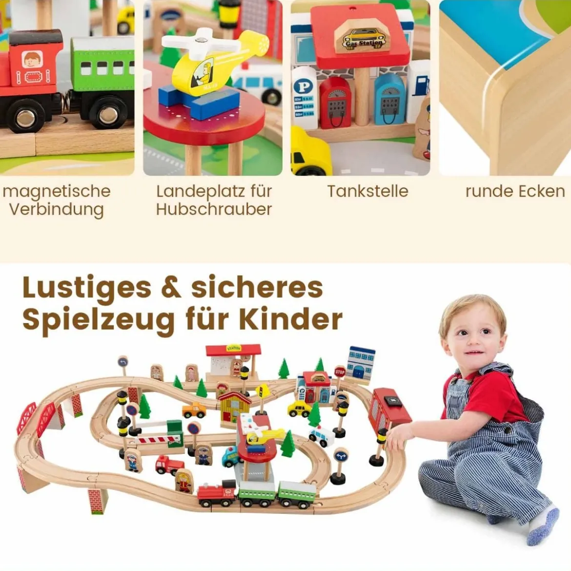 Eisenbahntisch aus Holz 84-teiliges Spielset mit Umkehrbarer & Abnehmbarer Tischplatte 97 x 62,5 x 39,5 cm Natur