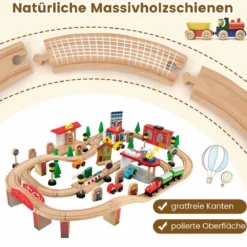Eisenbahntisch aus Holz 84-teiliges Spielset mit Umkehrbarer & Abnehmbarer Tischplatte 97 x 62,5 x 39,5 cm Natur