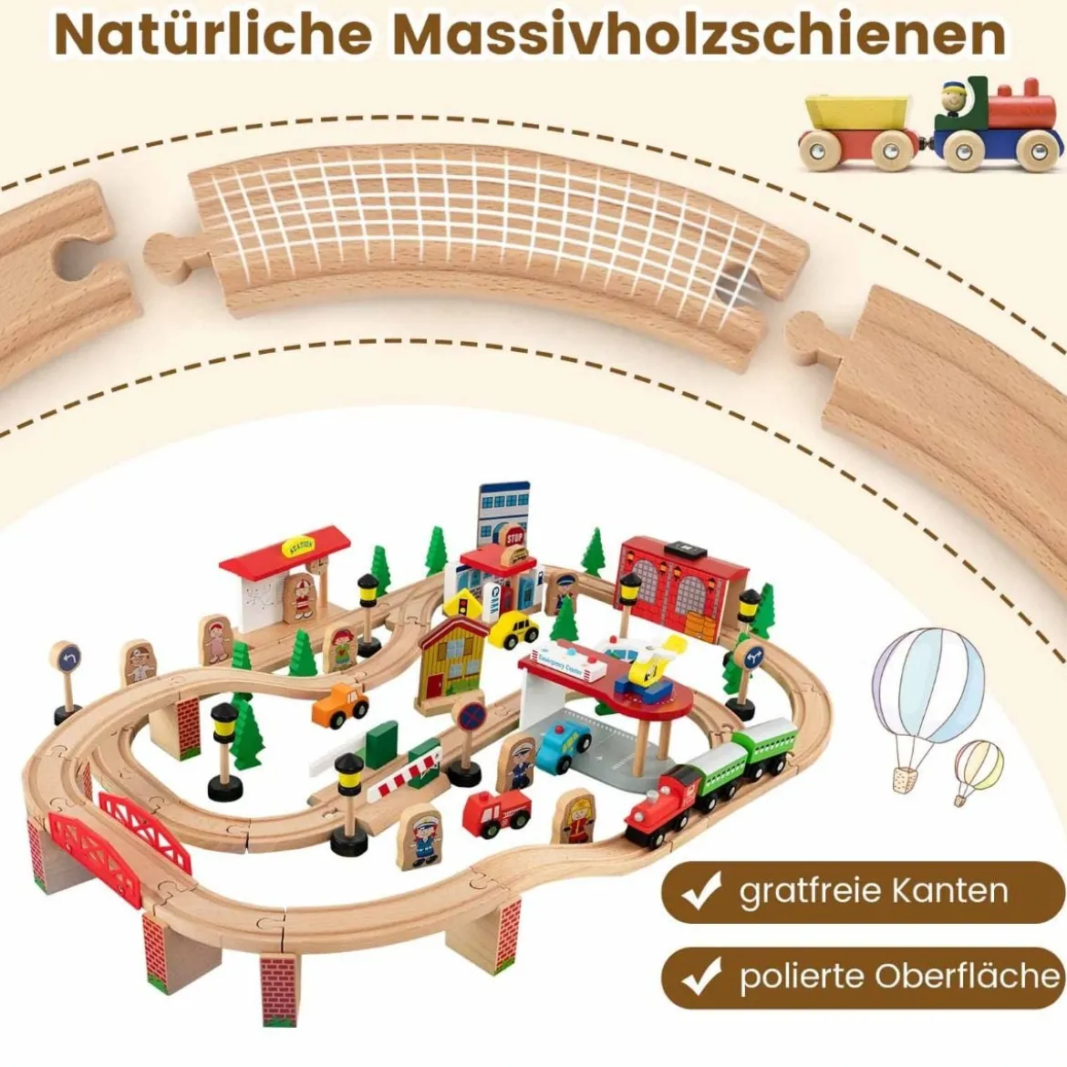 Eisenbahntisch aus Holz 84-teiliges Spielset mit Umkehrbarer & Abnehmbarer Tischplatte 97 x 62,5 x 39,5 cm Natur