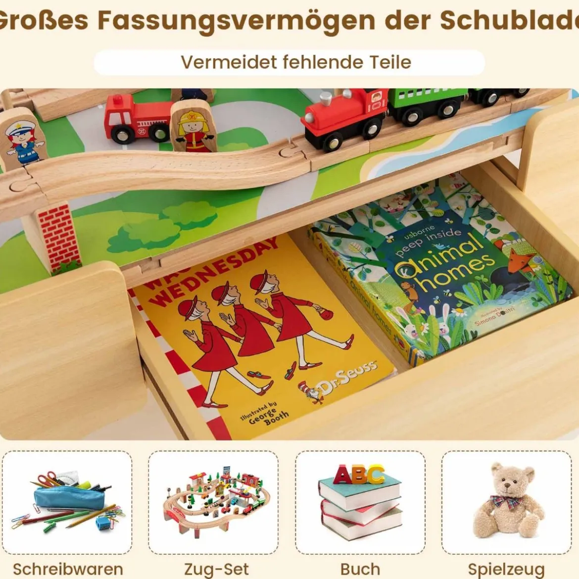 Eisenbahntisch aus Holz 84-teiliges Spielset mit Umkehrbarer & Abnehmbarer Tischplatte 97 x 62,5 x 39,5 cm Natur