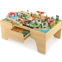 Eisenbahntisch aus Holz 84-teiliges Spielset mit Umkehrbarer & Abnehmbarer Tischplatte 97 x 62,5 x 39,5 cm Natur