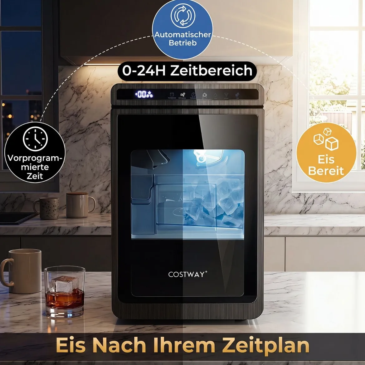 Eiswürfelmaschine Eismaschine mit 2 Modi 24H Timer und Reinigungsmodus 4 cm Quadratische Eiswürfel