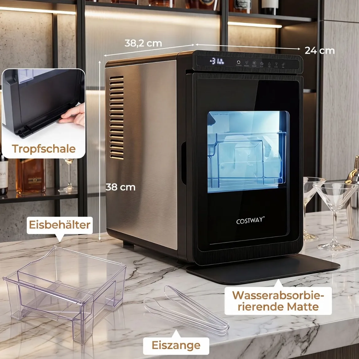 Eiswürfelmaschine Eismaschine mit 2 Modi 24H Timer und Reinigungsmodus 4 cm Quadratische Eiswürfel