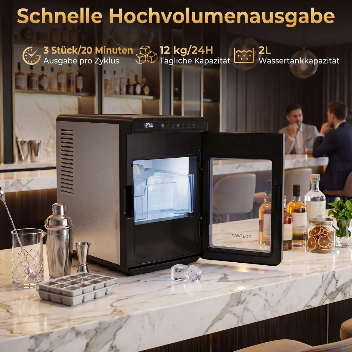 Eiswürfelmaschine Eismaschine mit 2 Modi 24H Timer und Reinigungsmodus 4 cm Quadratische Eiswürfel