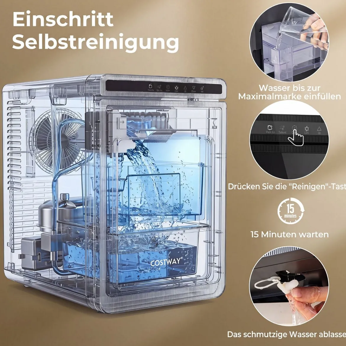 Eiswürfelmaschine Eismaschine mit 2 Modi 24H Timer und Reinigungsmodus 4 cm Quadratische Eiswürfel