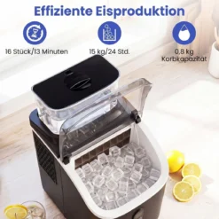 Eiswürfelmaschine Eiswürfelbereiter mit 13-stufiger Dickeneinstellung 24H Timer Selbstreinigungsmodus Schwarz