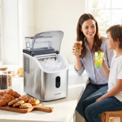 Eiswürfelmaschine Eiswürfelbereiter mit 13-stufiger Dickeneinstellung 24H Timer Selbstreinigungsmodus Silber