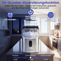 Eiswürfelmaschine Eiswürfelbereiter mit 13-stufiger Dickeneinstellung 24H Timer Selbstreinigungsmodus Silber