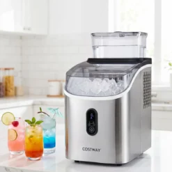 Eiswürfelmaschine Eiswürfelbereiter mit 13-stufiger Dickeneinstellung 24H Timer Selbstreinigungsmodus Silber