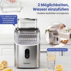 Eiswürfelmaschine Eiswürfelbereiter mit 13-stufiger Dickeneinstellung 24H Timer Selbstreinigungsmodus Silber