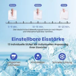 Eiswürfelmaschine Eiswürfelbereiter mit 13-stufiger Dickeneinstellung 24H Timer Selbstreinigungsmodus Silber