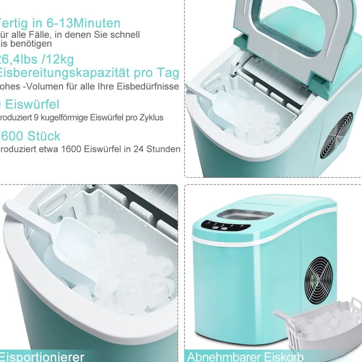 Eiszubereiter Maschine Tragbare Eismaschine mit 2,2 L Wassertank 24 x 33 x 36 cm Grün