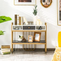 Eleganter 2 Ebenen Konsolentisch aus Kunstmarmor mit Schublade & Aufbewahrungsregal Golden+Weiß