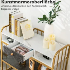 Eleganter 2 Ebenen Konsolentisch aus Kunstmarmor mit Schublade & Aufbewahrungsregal Golden+Weiß