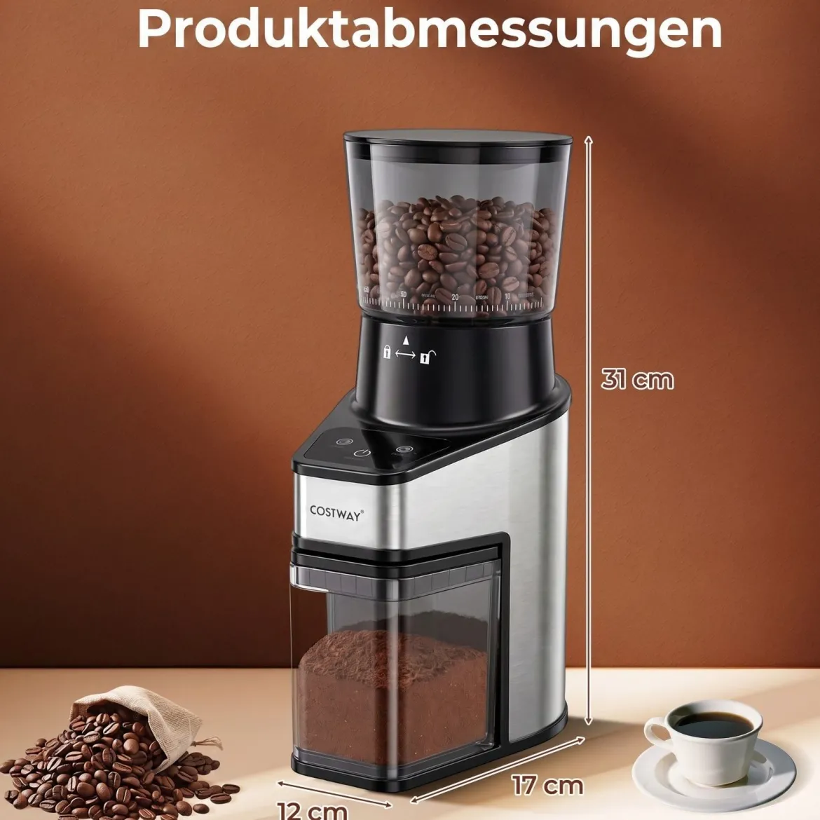 Elektrische Kaffeemühle mit Kegelmahlwerk Espressomühle mit 60 Mahlgrade 1-60S Timer und 1-8 Tassen