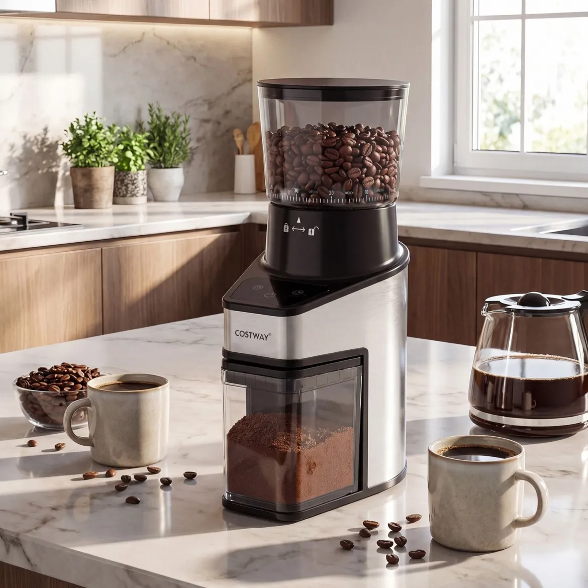 Elektrische Kaffeemühle mit Kegelmahlwerk Espressomühle mit 60 Mahlgrade 1-60S Timer und 1-8 Tassen