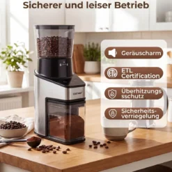 Elektrische Kaffeemühle mit Kegelmahlwerk Espressomühle mit 60 Mahlgrade 1-60S Timer und 1-8 Tassen