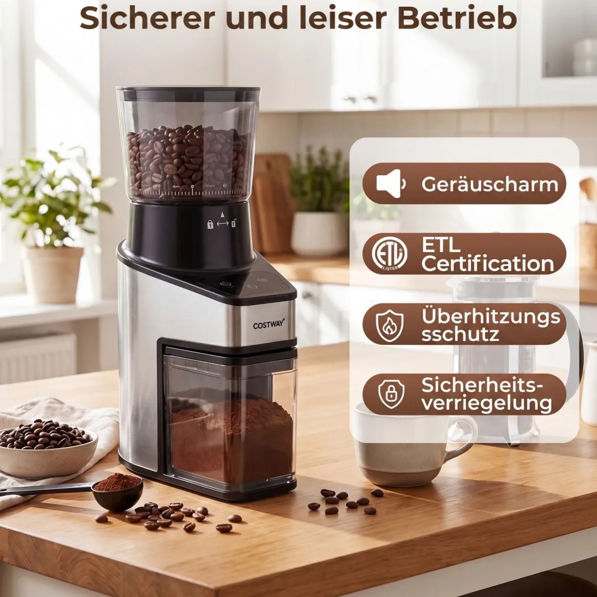 Elektrische Kaffeemühle mit Kegelmahlwerk Espressomühle mit 60 Mahlgrade 1-60S Timer und 1-8 Tassen