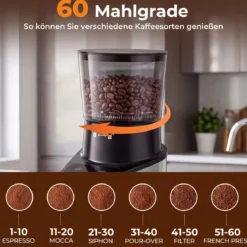 Elektrische Kaffeemühle mit Kegelmahlwerk Espressomühle mit 60 Mahlgrade 1-60S Timer und 1-8 Tassen