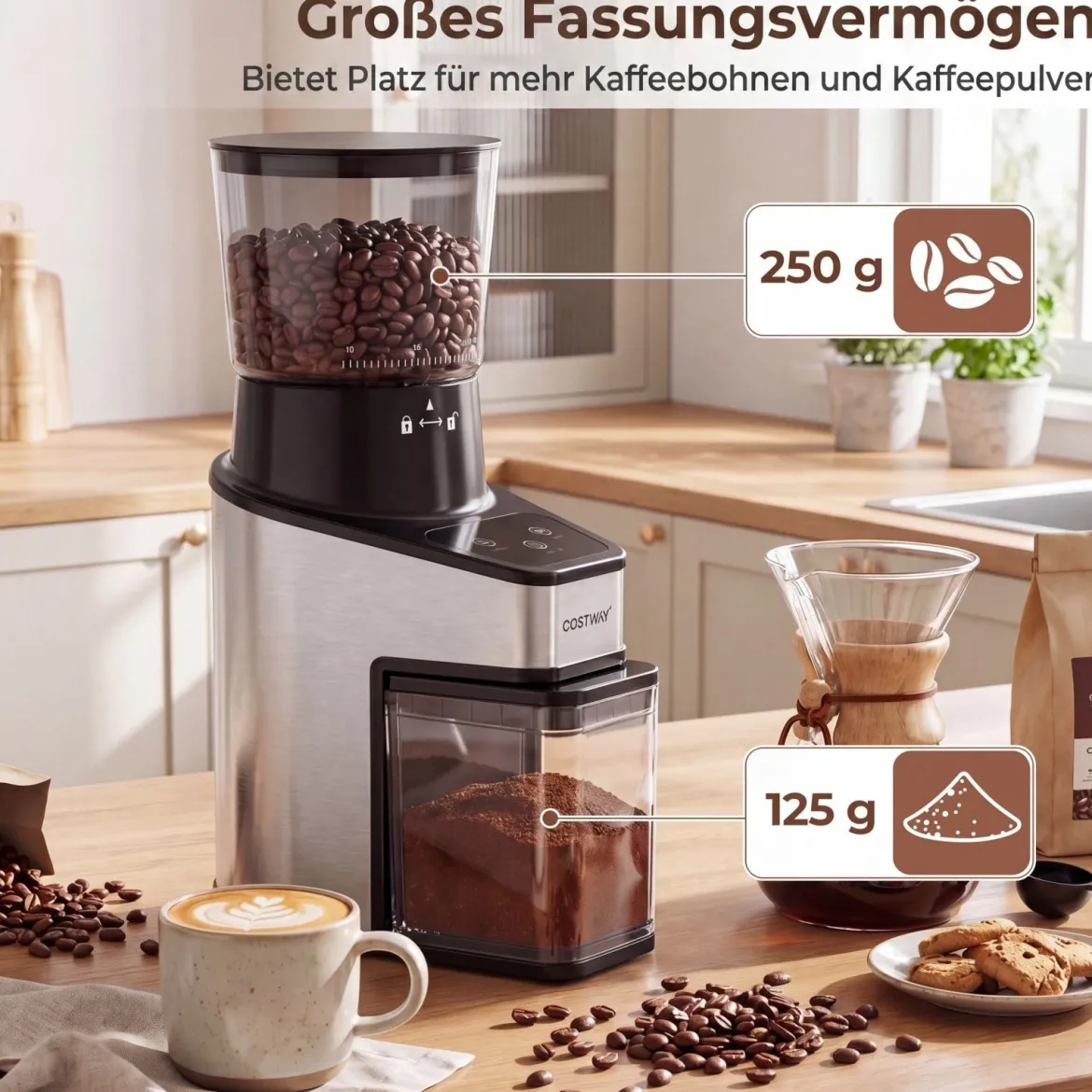 Elektrische Kaffeemühle mit Kegelmahlwerk Espressomühle mit 60 Mahlgrade 1-60S Timer und 1-8 Tassen