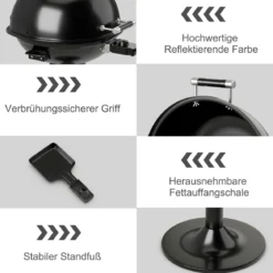 Elektrischer BBQ-Grill tragbarer Standgrill mit abnehmbarem antihaftbeschichtetem Warmhaltegitter Schwarz