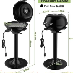Elektrischer BBQ-Grill tragbarer Standgrill mit abnehmbarem antihaftbeschichtetem Grillrost Elektrogrill Schwarz