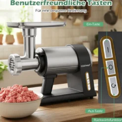 Elektrischer Fleischwolf 2000W Hackfleisch maschine mit 3 Wurstfüllrohren 3 Lochscheiben Kebbe-Set Schwarz