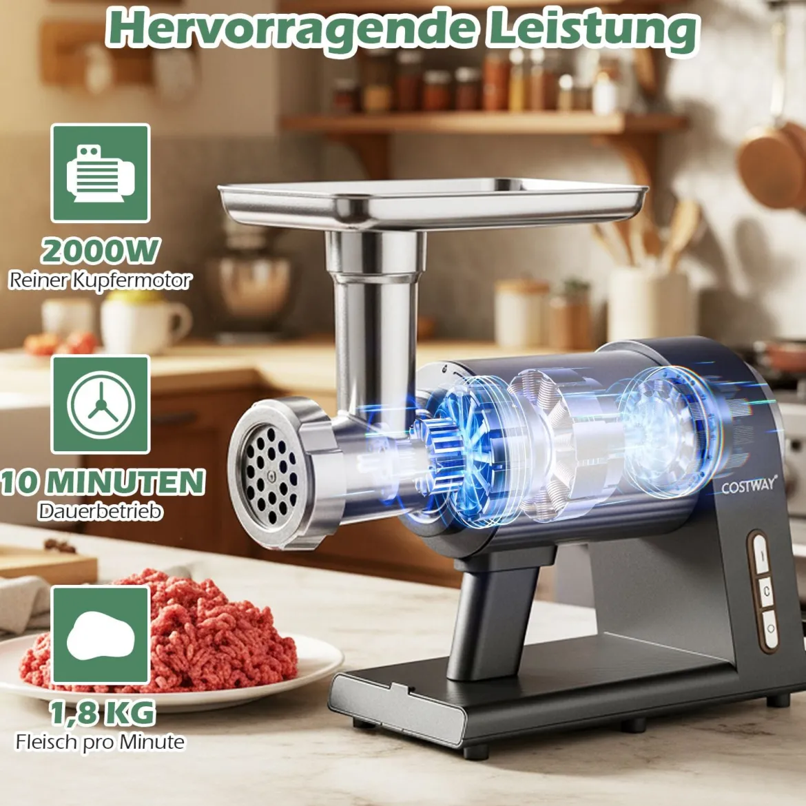 Elektrischer Fleischwolf 2000W Hackfleisch maschine mit 3 Wurstfüllrohren 3 Lochscheiben Kebbe-Set Schwarz