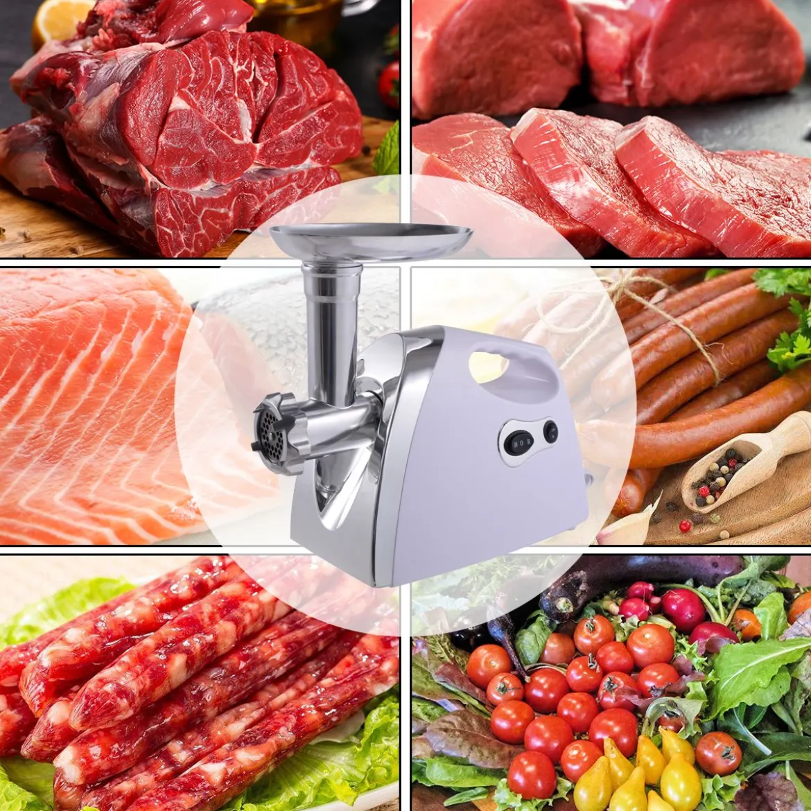 Elektrischer Fleischwolf Wurstmaschine Wurstfüller mit Wurstaufsatz/3 Lochscheiben/Edelstahlklinge