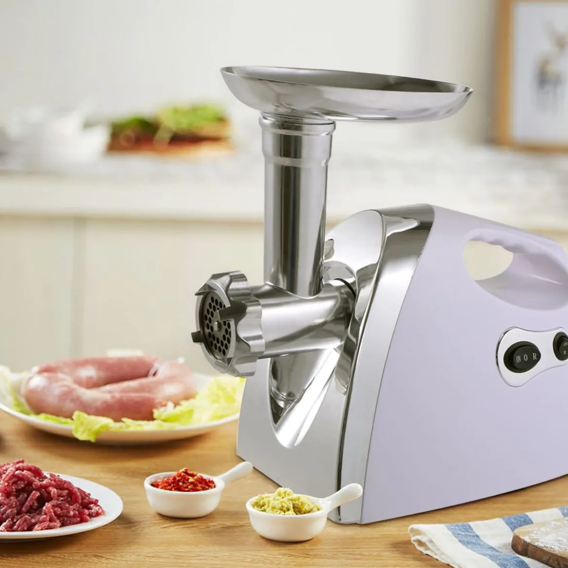 Elektrischer Fleischwolf Wurstmaschine Wurstfüller mit Wurstaufsatz/3 Lochscheiben/Edelstahlklinge