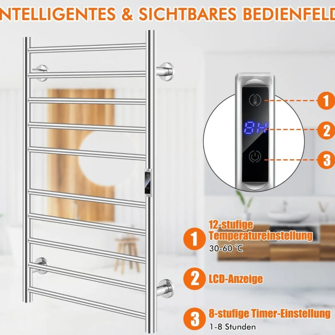 Elektrischer Handtuchwärmer mit 8 Stunden Timer & Überhitzungsschutz & LED Display