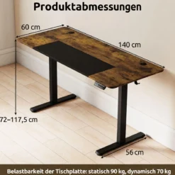 Elektrischer Höhenverstellbarer Schreibtisch mit LED-Bedienfeld & T‑Metallrahmen 140 x 60 cm Rustikales Braun