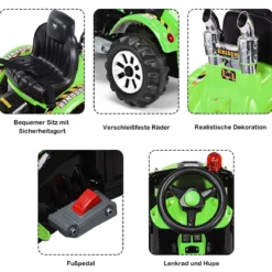 Elektrischer Kinder-Gabelstapler batteriebetriebener Kinder-Bagger mit 2 Geschwindigkeiten Sitzbagger Grün